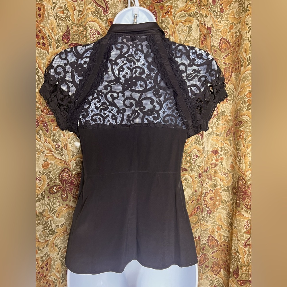 Vintage Bebe Silk Button Up Blouse w/Sheer Lace Burlesque Retro Pinup Goth XS - Picture 3 of 11